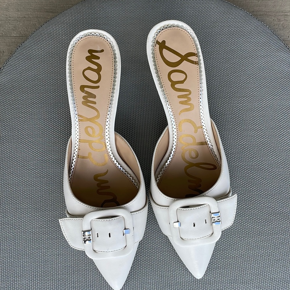 Sam Edelman White Pointed Buckle Slide Sandals